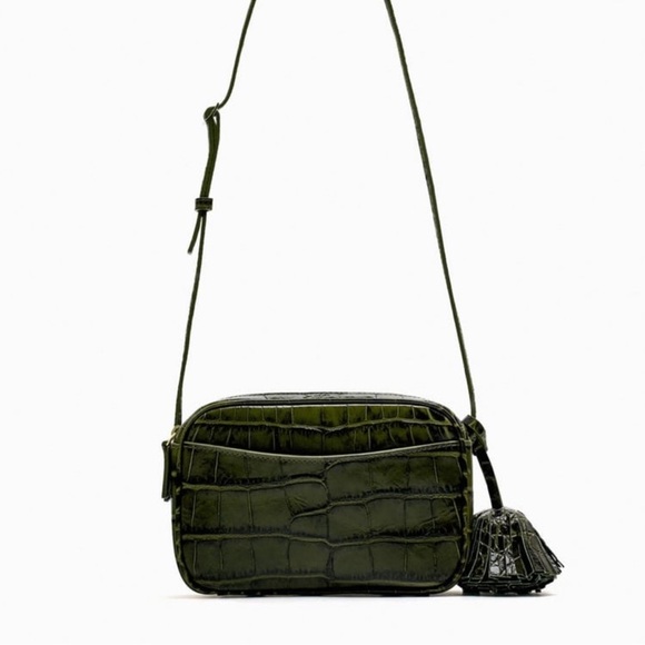 Zara Green Croc Embossed Leather Tasseled Multi Compartment Crossbody Bag